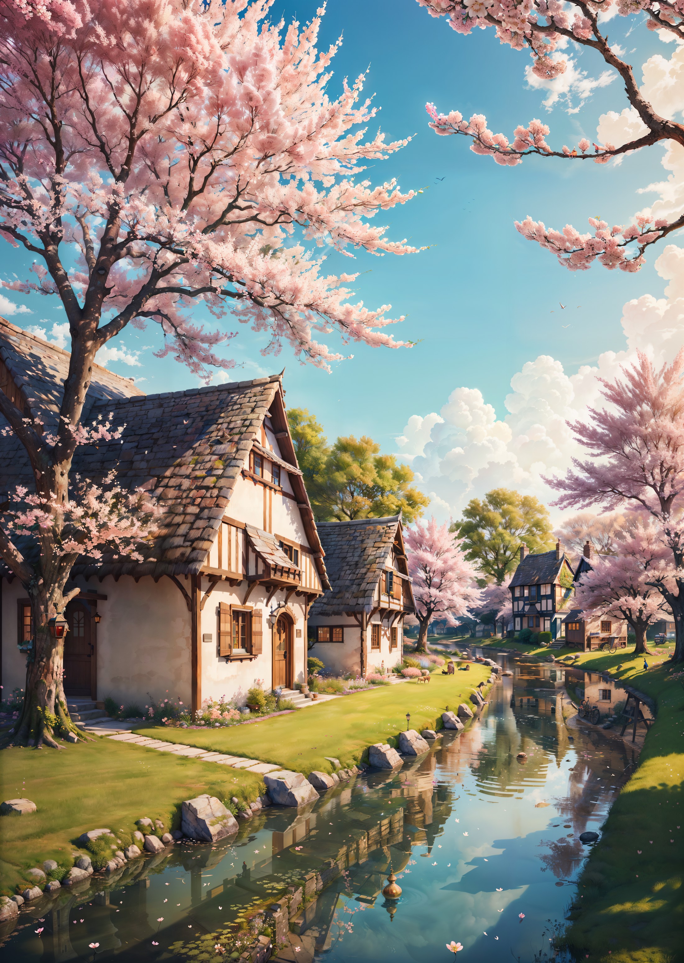 An enchanting digital illustration of a medieval town serene and magical, pastel hues, cherry blossom trees, tranquil rive...